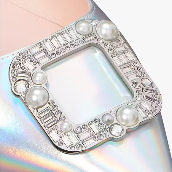 ♠️kate spade Buckle Up Pointed Toe Flats, Metallic Silver Iridescent NIB - Picture 4 of 8